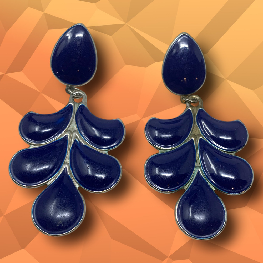 Vintage Y2K Blue Enamel Dangle Earrings Pierced Modernist Art to Wear Matisse